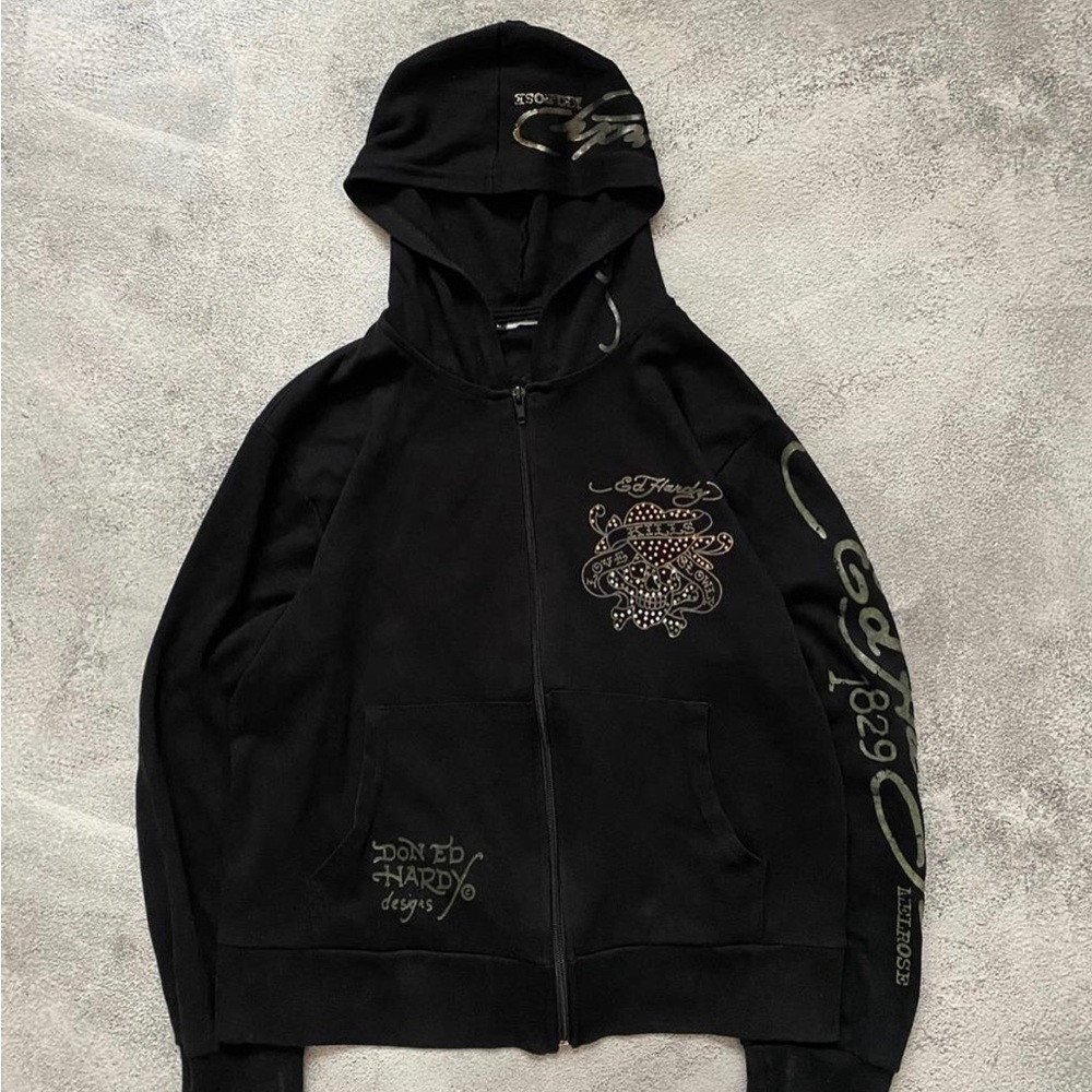 Ed hardy jacket. It’s kinda small and cropped very soft material